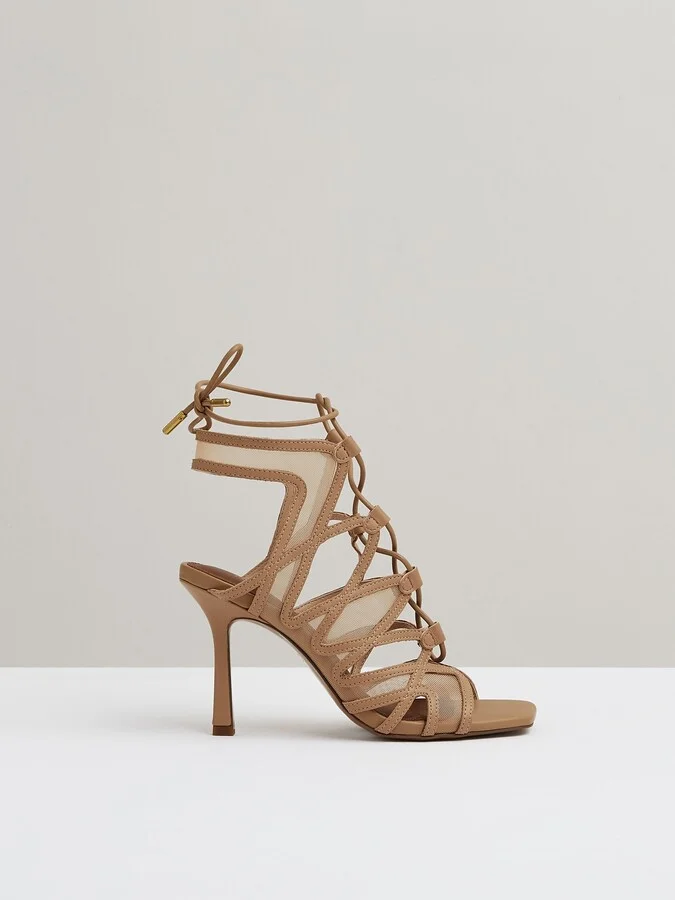 Mesh Leather Strappy Heels