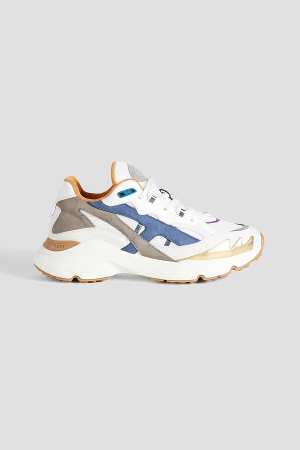 Mesh, suede and pebbled-leather sneakers