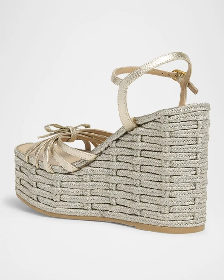 Metallic Bow Ankle-Strap Wedge Espadrilles - Image 2