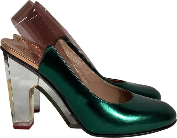Metallic Clear Heel Pumps in Green Leather