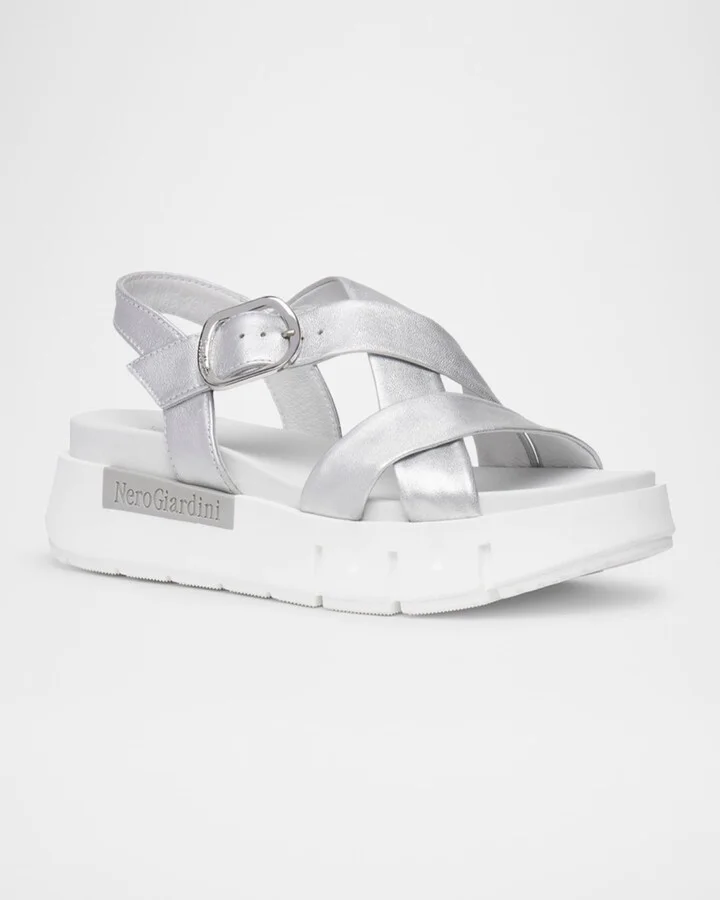 Metallic Crisscross Wedge Platform Sandals - Image 2