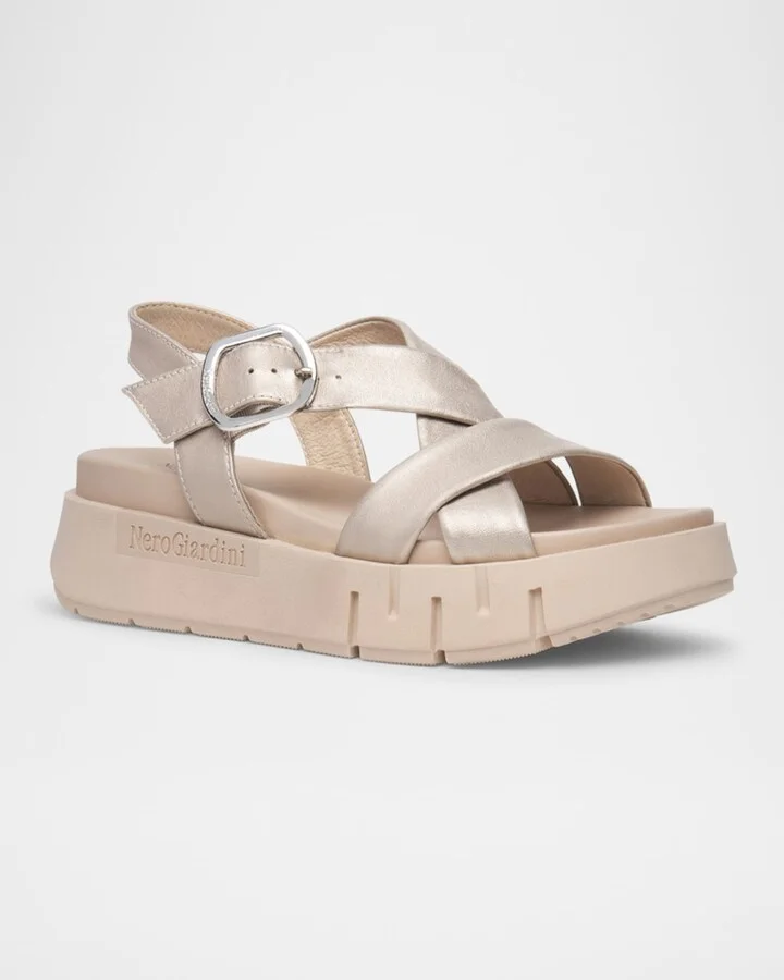 Metallic Crisscross Wedge Platform Sandals - Image 6