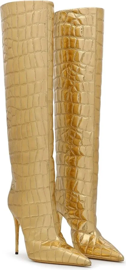 Metallic Croc-Effect Knee Boots - Image 2