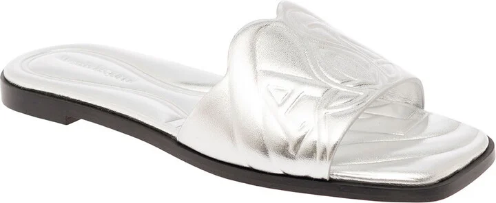 Metallic Flat Sandals With Embossed Motif In Metallic Leather Woman - Image 2