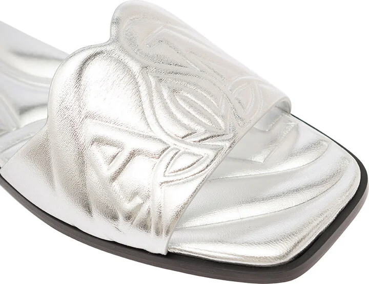 Metallic Flat Sandals With Embossed Motif In Metallic Leather Woman - Image 4