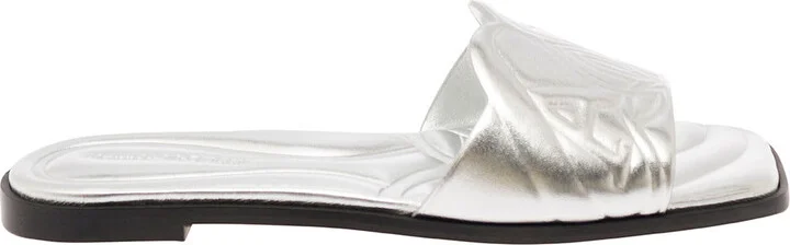 Metallic Flat Sandals With Embossed Motif In Metallic Leather Woman