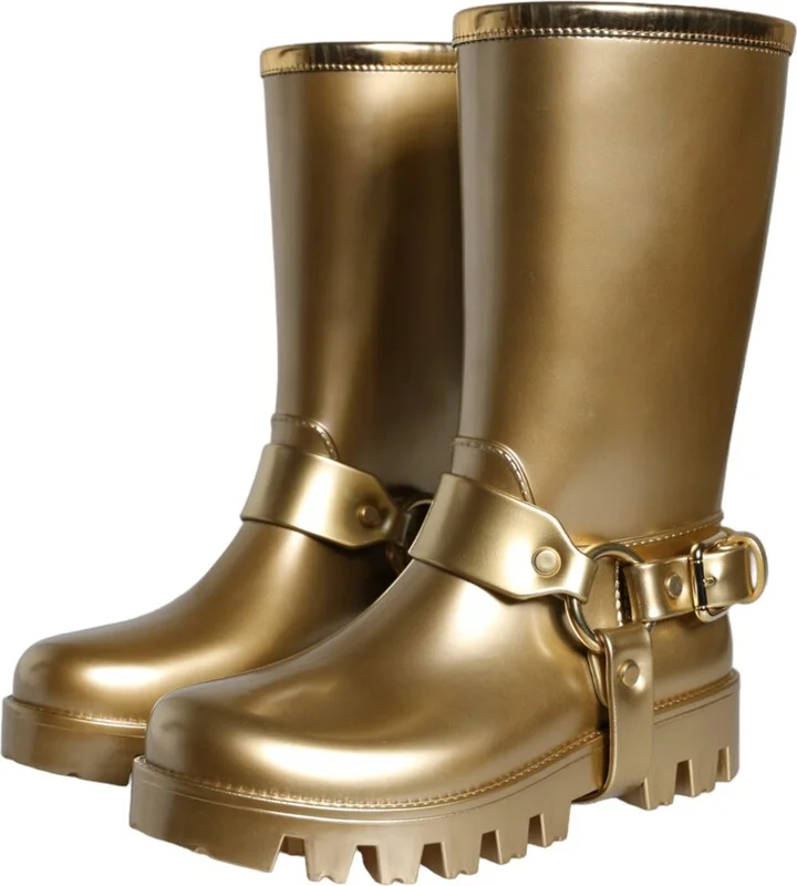 Metallic Gold Rubber PVC Rain Boots Women's Shoes - Image 3