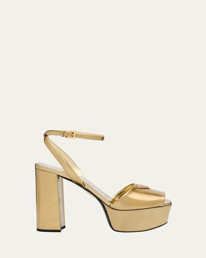 Metallic Leather Ankle-Strap Platform Sandals