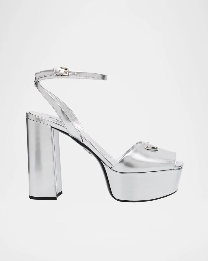 Metallic Leather Ankle-Strap Platform Sandals