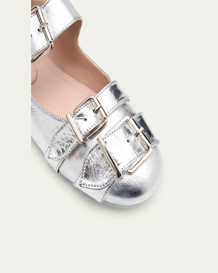 Metallic Leather Ballerina Buckle Flats - Image 2
