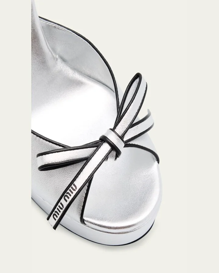 Metallic Leather Bow Peep-Toe Platform Sandals - Image 6
