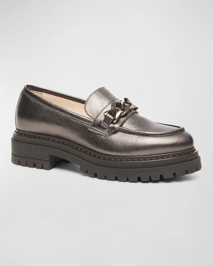 Metallic Leather Chain Lug-Sole Loafers - Image 3