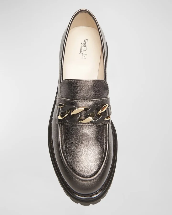 Metallic Leather Chain Lug-Sole Loafers - Image 6