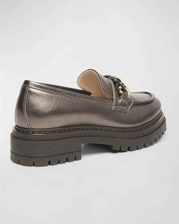 Metallic Leather Chain Lug-Sole Loafers - Image 7