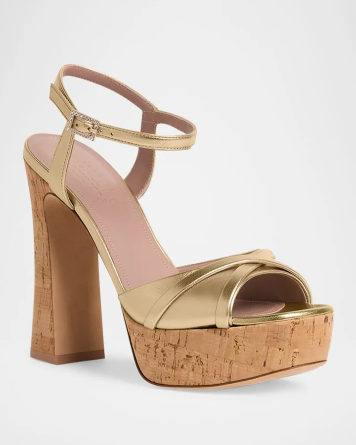 Metallic Leather Crisscross Cork Platform Sandals - Image 2