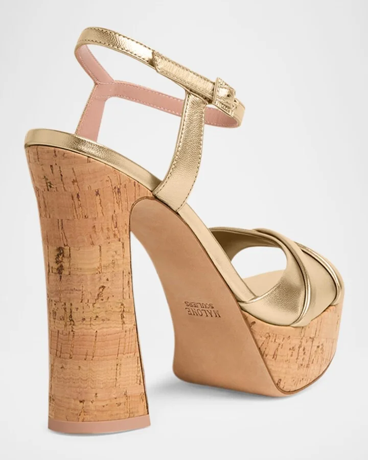 Metallic Leather Crisscross Cork Platform Sandals - Image 3