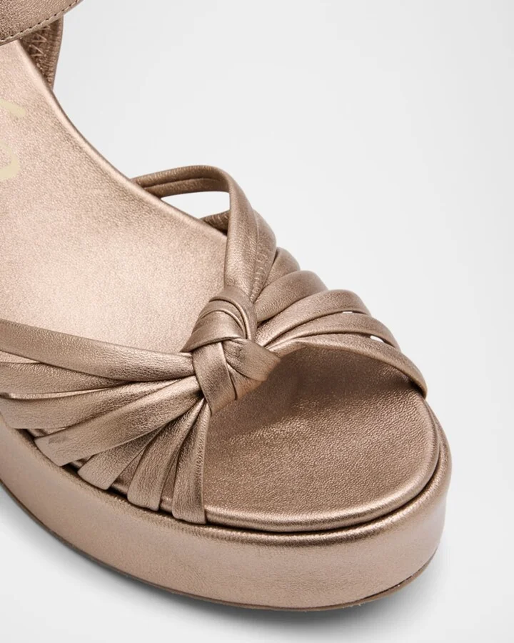 Metallic Leather Knot Ankle-Strap Platform Sandals - Image 2