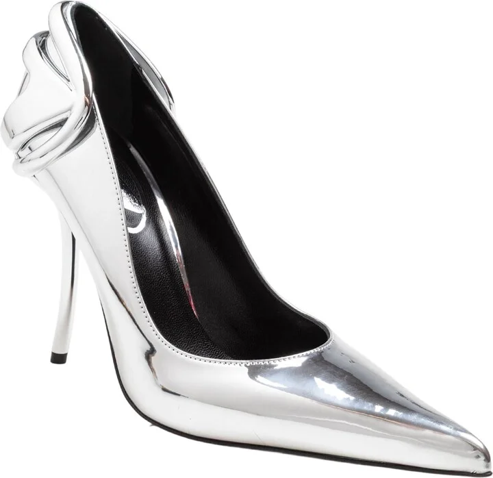 Metallic Leather Pumps With Curved Heel Silver Color - Image 2