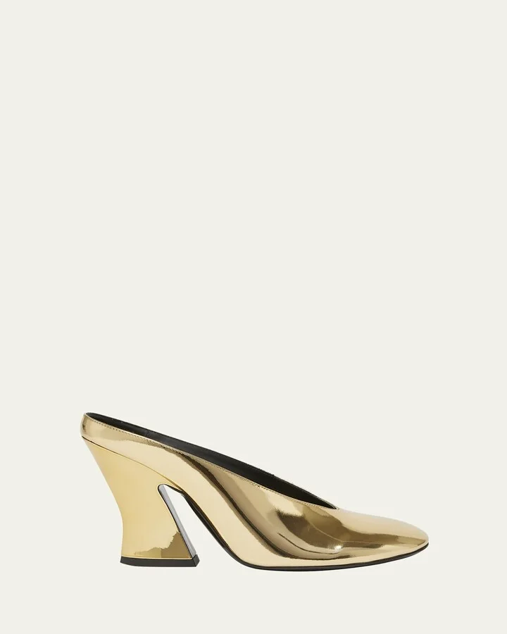 Metallic Leather Sculpted Block-Heel Mules