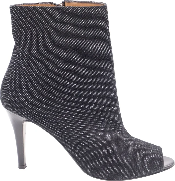 Metallic Open Toe Pointed Boots in Black Leather