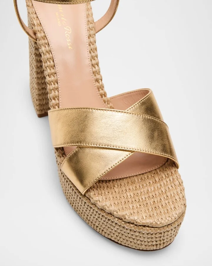 Metallic Raffia Crisscross Platform Sandals - Image 4