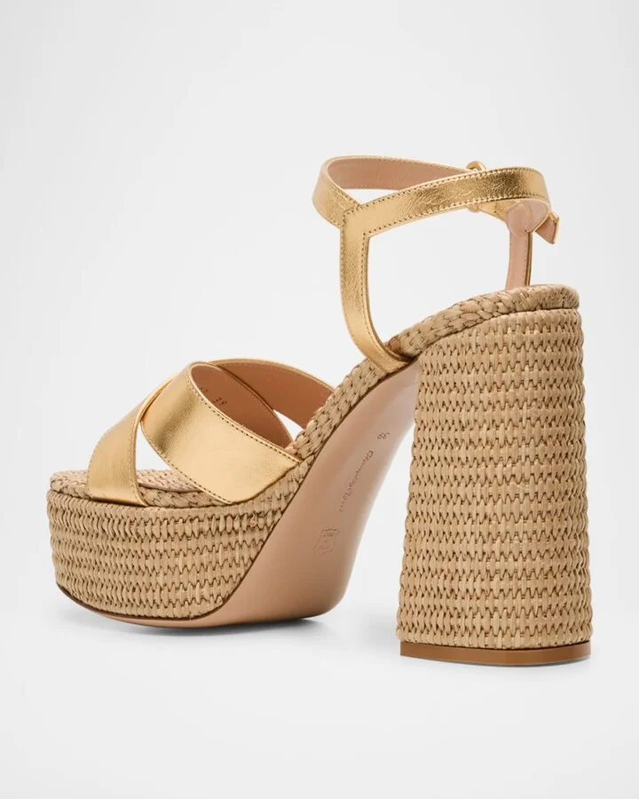 Metallic Raffia Crisscross Platform Sandals - Image 6