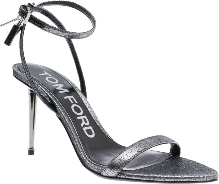 Metallic Sandals With High Stiletto Heel And Padlock Detail On The Ankle In Leather Woman - Image 2