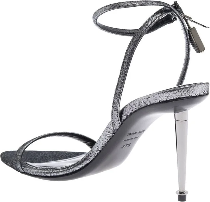 Metallic Sandals With High Stiletto Heel And Padlock Detail On The Ankle In Leather Woman - Image 3