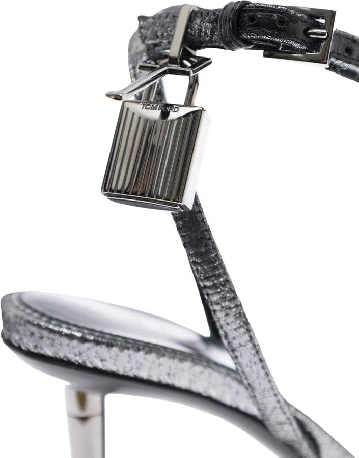 Metallic Sandals With High Stiletto Heel And Padlock Detail On The Ankle In Leather Woman - Image 4