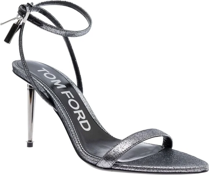 Metallic Sandals With High Stiletto Heel And Padlock Detail On The Ankle In Leather Woman - Image 2