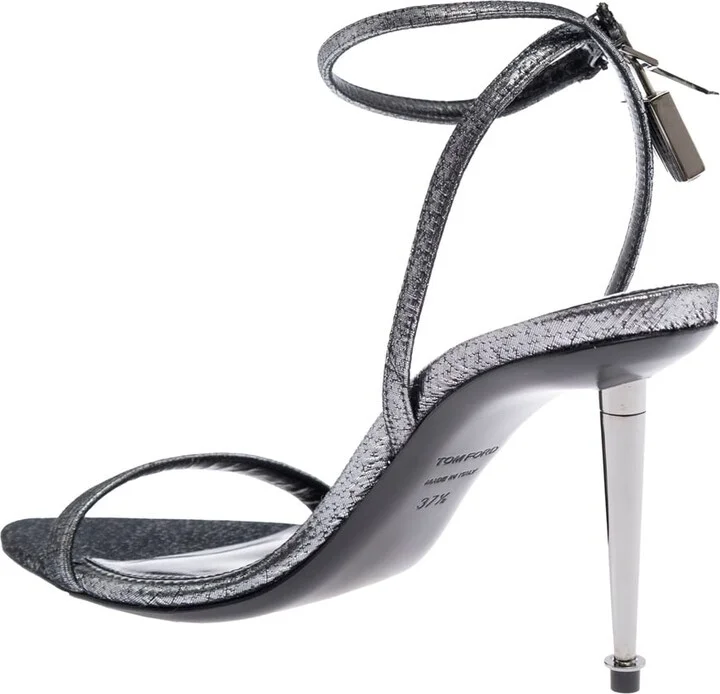 Metallic Sandals With High Stiletto Heel And Padlock Detail On The Ankle In Leather Woman - Image 3