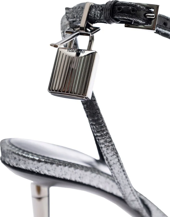 Metallic Sandals With High Stiletto Heel And Padlock Detail On The Ankle In Leather Woman - Image 4
