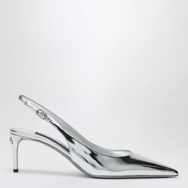 Metallic silver leather slingback with dÃ©colletÃ©