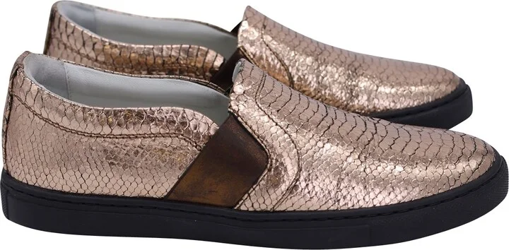 Metallic Snakeskin-Embossed Slip-On Sneakers in Gold Leather