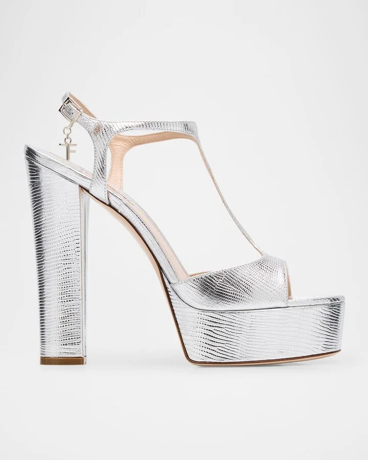 Metallic T-Strap Platform Sandals