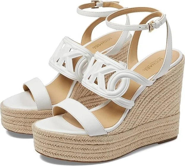 MICHAEL Michael Kors Alma Wedge Espadrille Women's Sandals Optic White : 10 M, Jute/Leather/Rubber