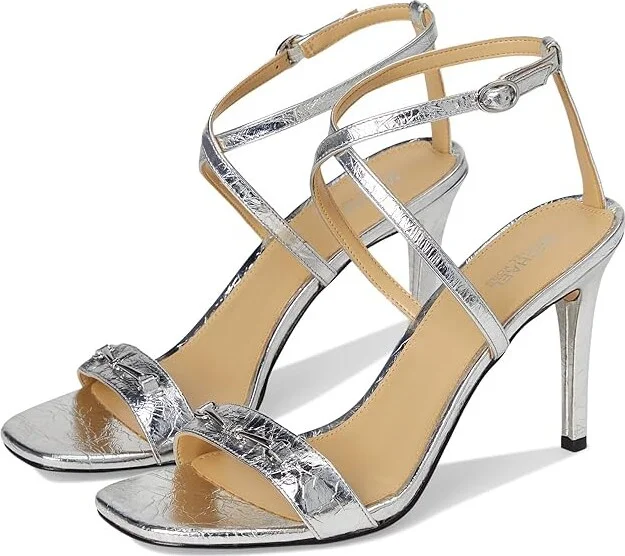 MICHAEL Michael Kors Lena Heeled Sandal Women's Sandals Silver : 7 M, Leather/Rubber