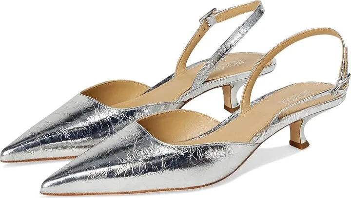 MICHAEL Michael Kors Luna Kitten Sling Pump High Women's Heels Silver : 7 M, Leather/Rubber