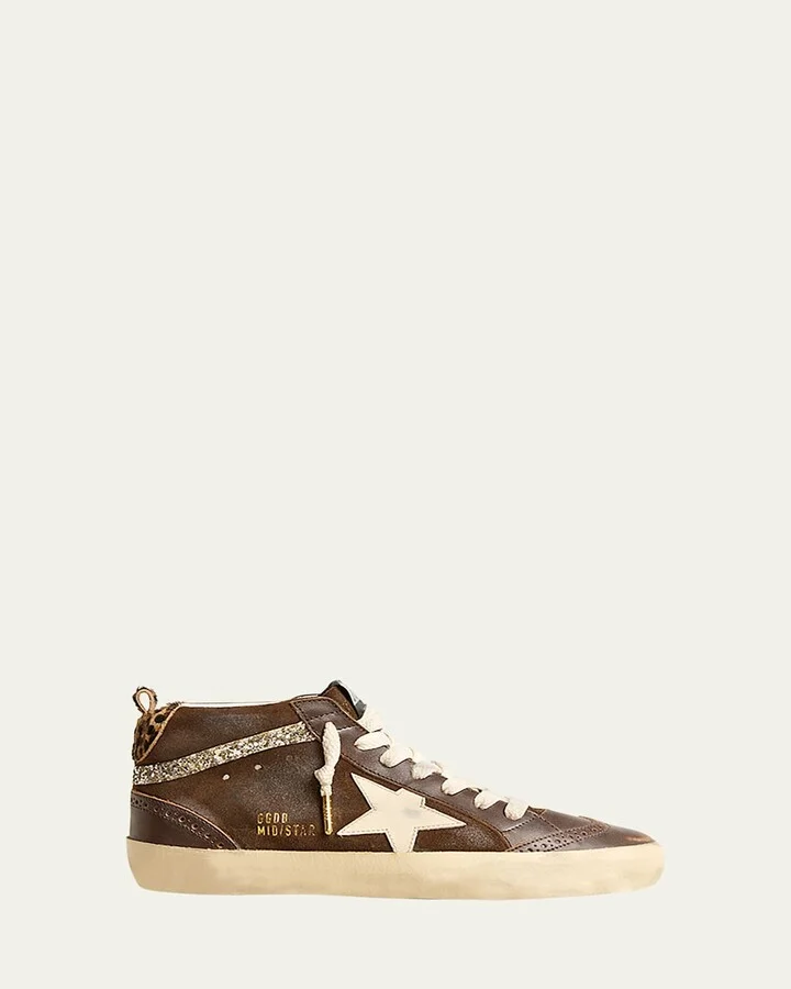 Midstar Mixed Leather Leopard Mid-Top Sneakers