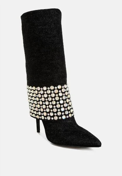 Mike Drop Diamante & Rhinestones Denim Boots Women - Image 2