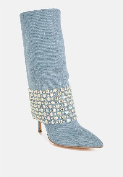 Mike Drop Diamante & Rhinestones Denim Boots Women - Image 3