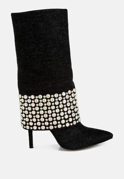 Mike Drop Diamante & Rhinestones Denim Boots Women