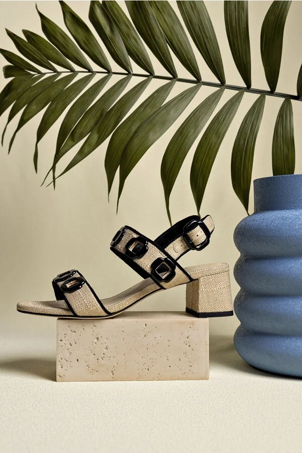 Milan Sandal In Beige Raffia and Black Trimming - Image 5