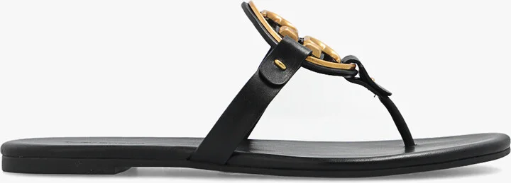 ‘Miller’ Leather Slides With Logo, , - Black