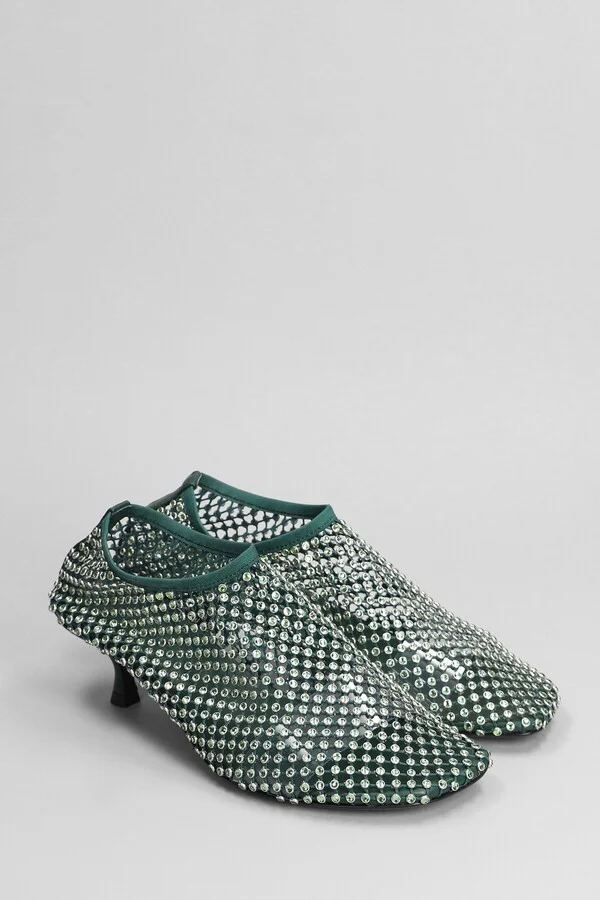 Minette Crystal Low Heels Ankle Boots In Green Nylon - Image 2