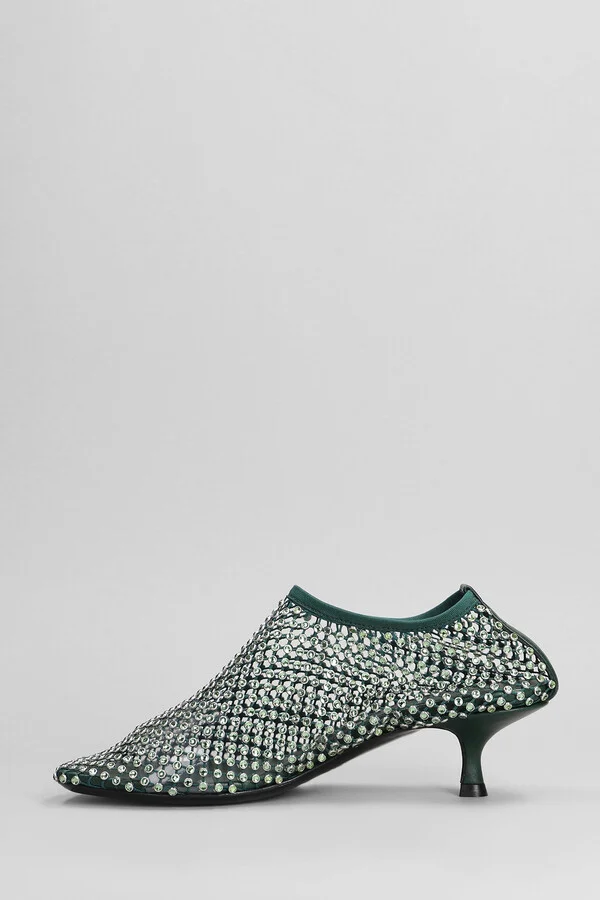 Minette Crystal Low Heels Ankle Boots In Green Nylon - Image 3