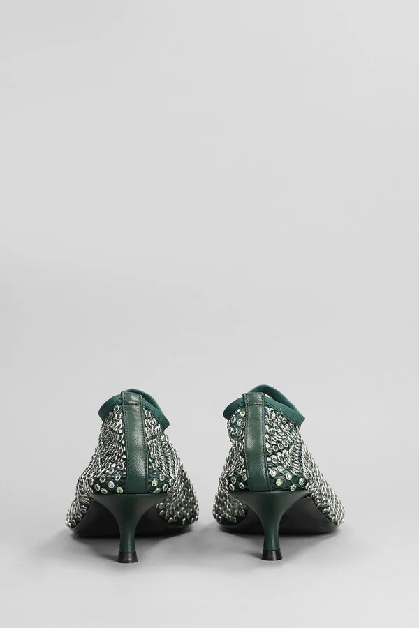 Minette Crystal Low Heels Ankle Boots In Green Nylon - Image 4