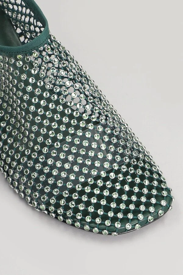 Minette Crystal Low Heels Ankle Boots In Green Nylon - Image 5