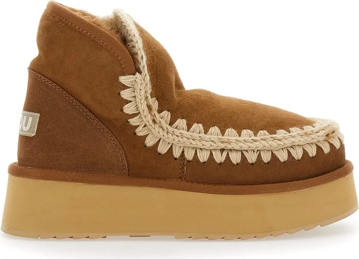 'mini Eskimo' Beige Ankle Boots With Logo Patch On The Rear In Leather And Suede Woman