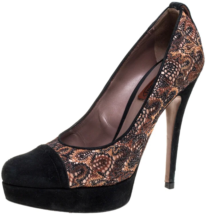 Missoni Black/Beige Lace and Suede Pointed Toe Platform Pumps Size 39
